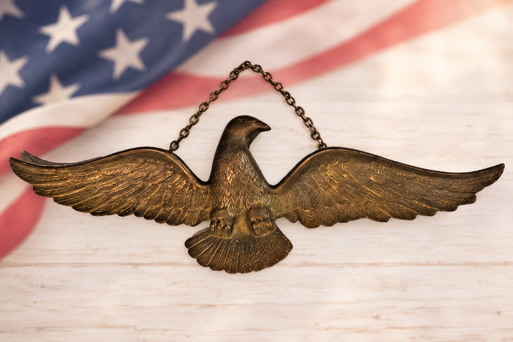 Vintage 16.5” Cast Metal Eagle Wall Plaque Chain Bronze Tone Americana Federal